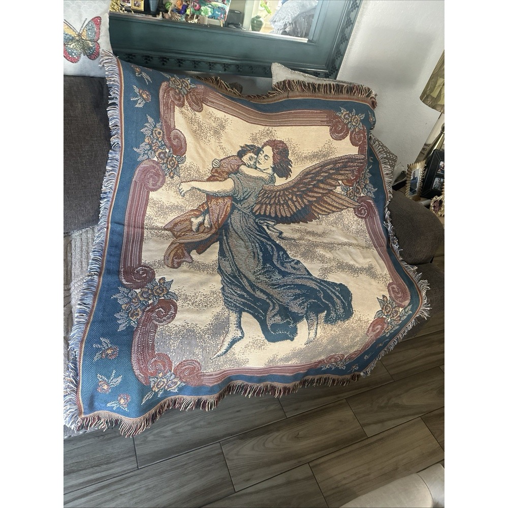 American Weavers VINTAGE Angel Carrying Child Throw Blanket 60"x50"